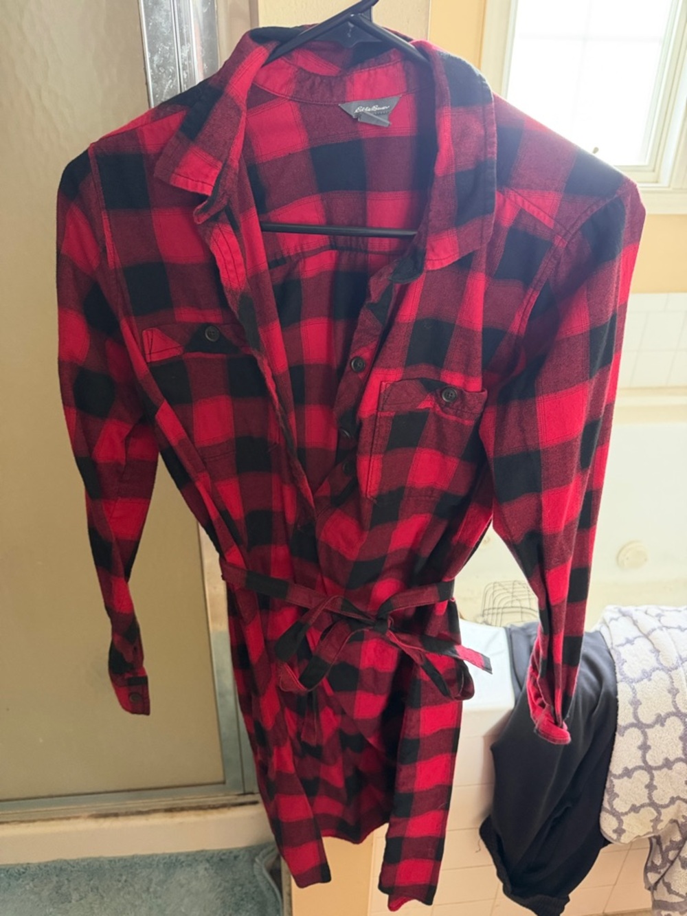 Eddie Bauer Red and Black Plaid Belted Flannel Dress